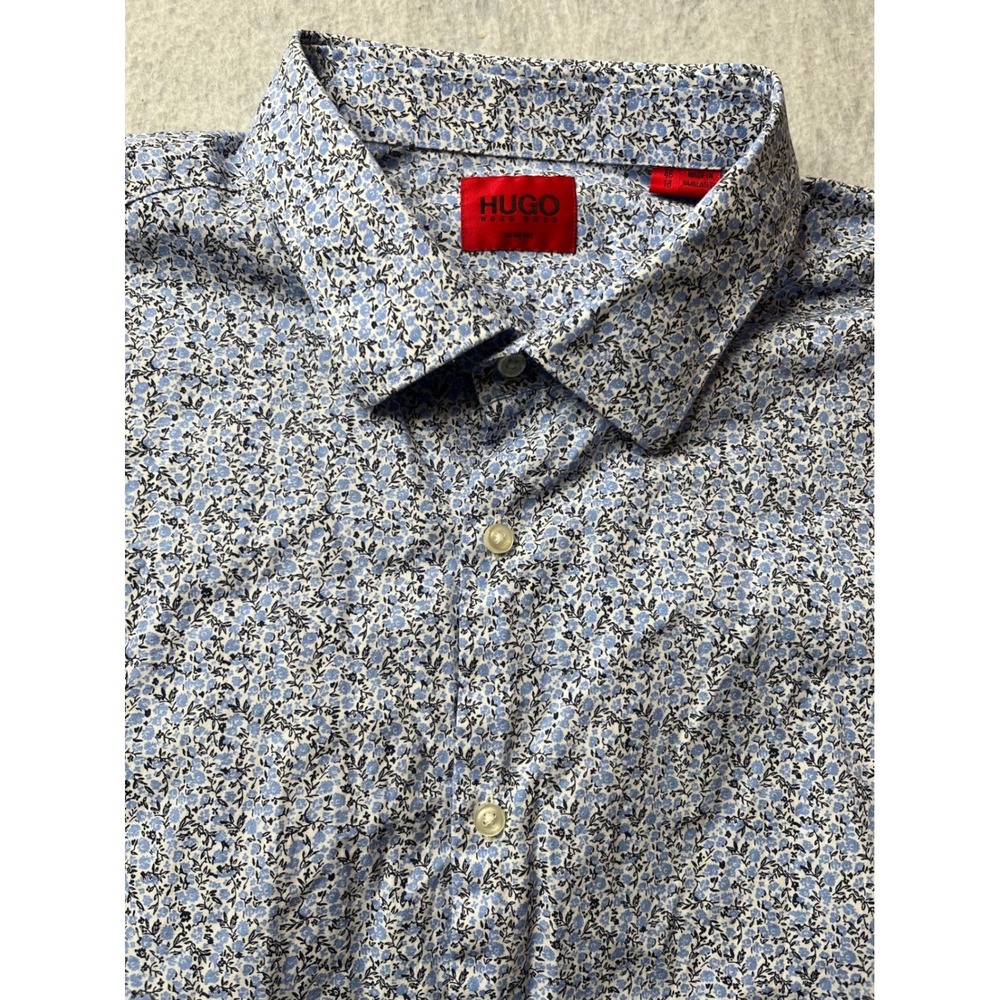 HUGO BOSS Slim Fit Blue Floral Print Long Sleeve Dress Shirt Mens Large